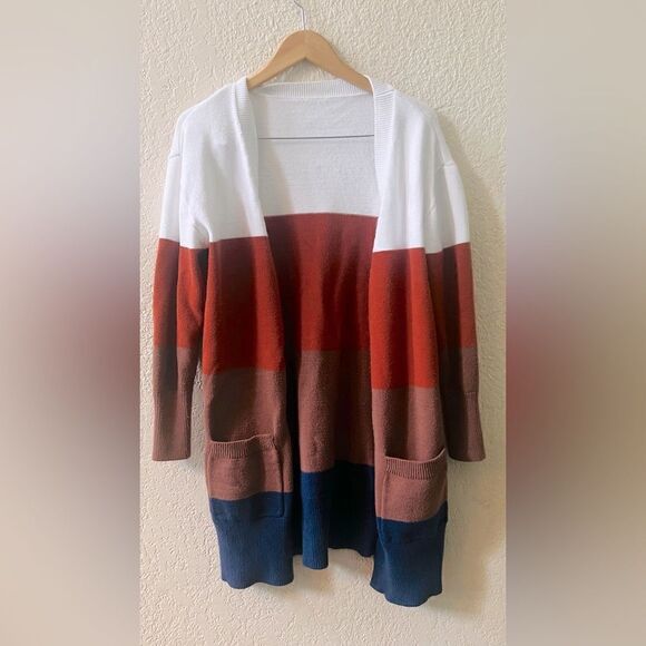 Colorblock Boutique Open Cardigan Size Large Pockets White Orange Blue - Picture 1 of 6
